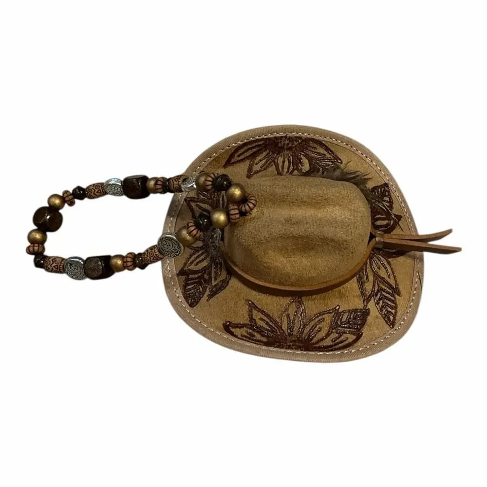 Tooled Floral Mini Cowboy Hat Car Charm Rearview Mirror Hanging Ornament